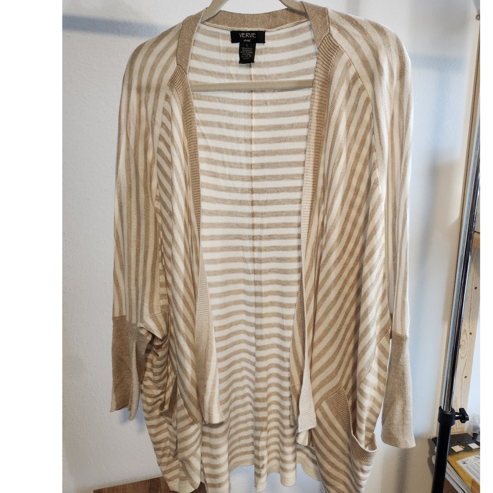 VERVE ami Womens Cardigan Sweater Beige White Stripe Open Front Knit Size L